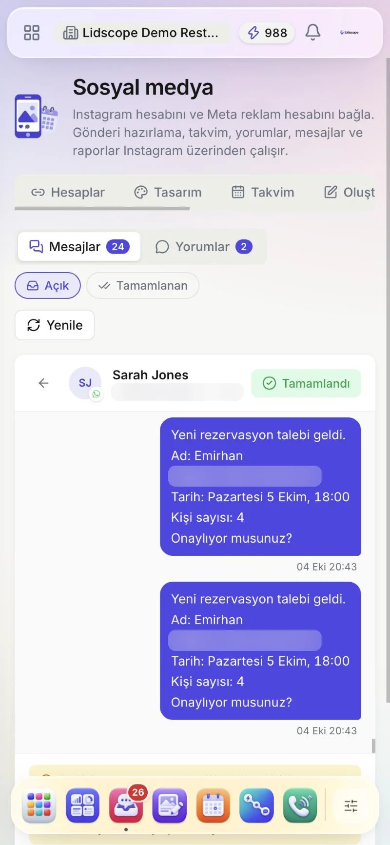 Yöneticiye WhatsApp'tan gelen rezervasyon onay mesajları
