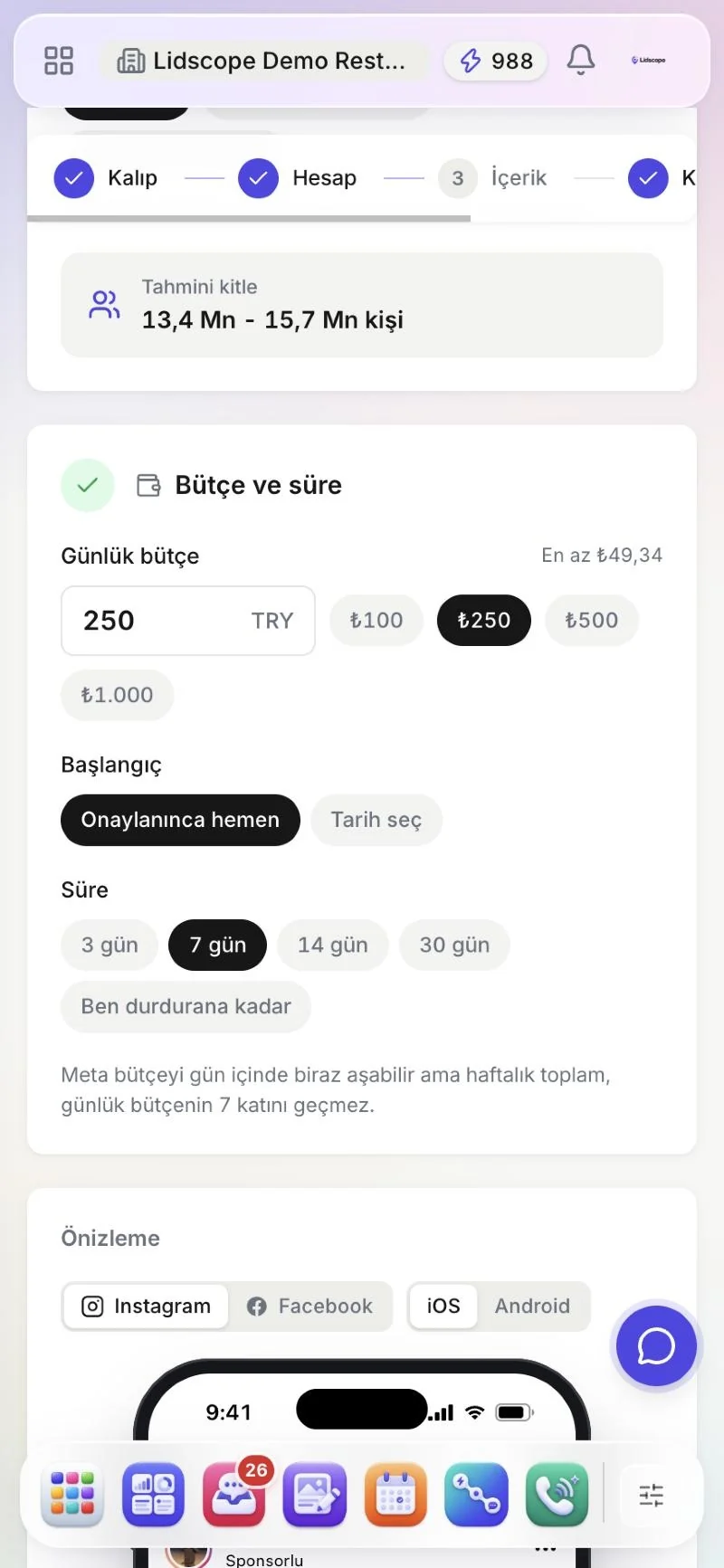 Reklam sihirbazında günlük bütçe ve Meta'nın tahmini kitle aralığı
