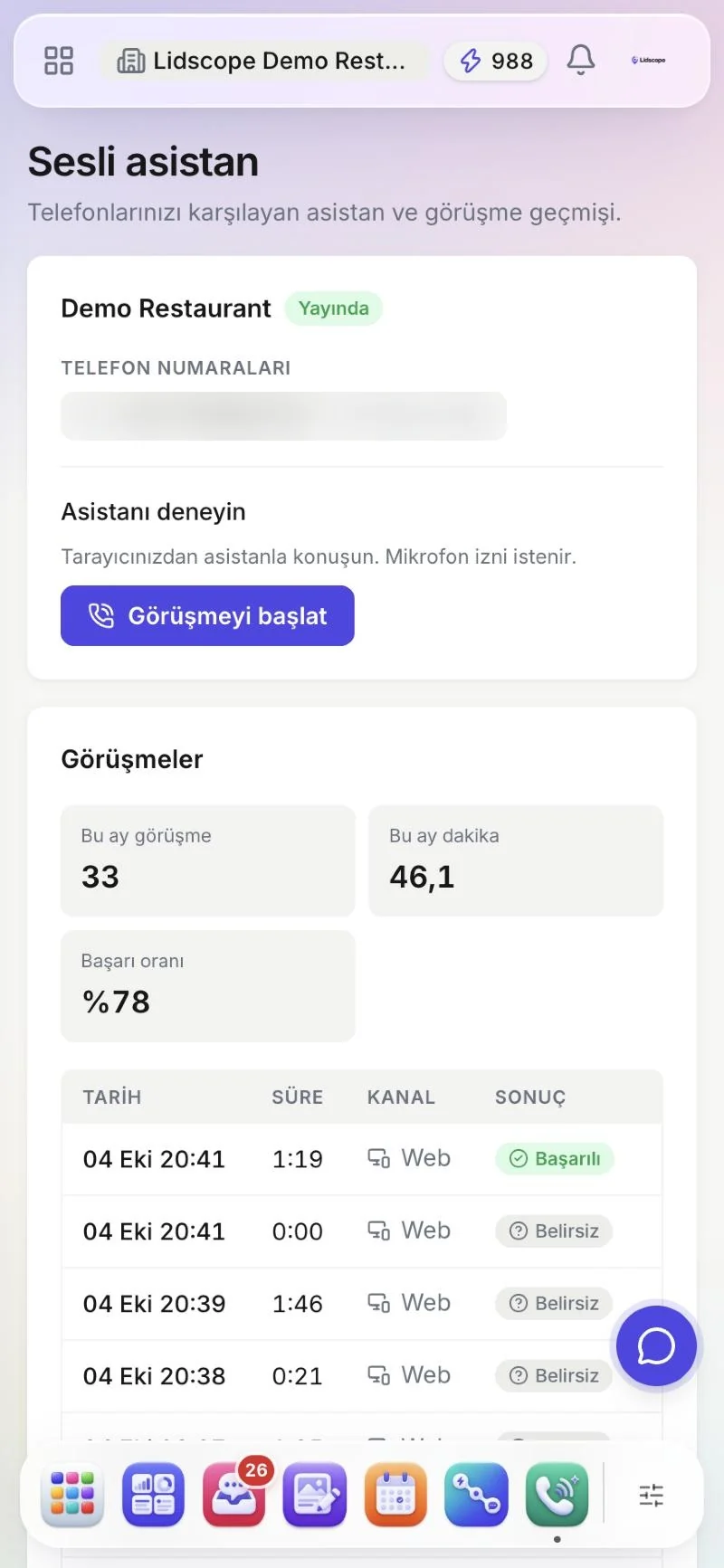 Panelde sesli asistan sayfası: yayında olan asistan ve bu ayın görüşmeleri
