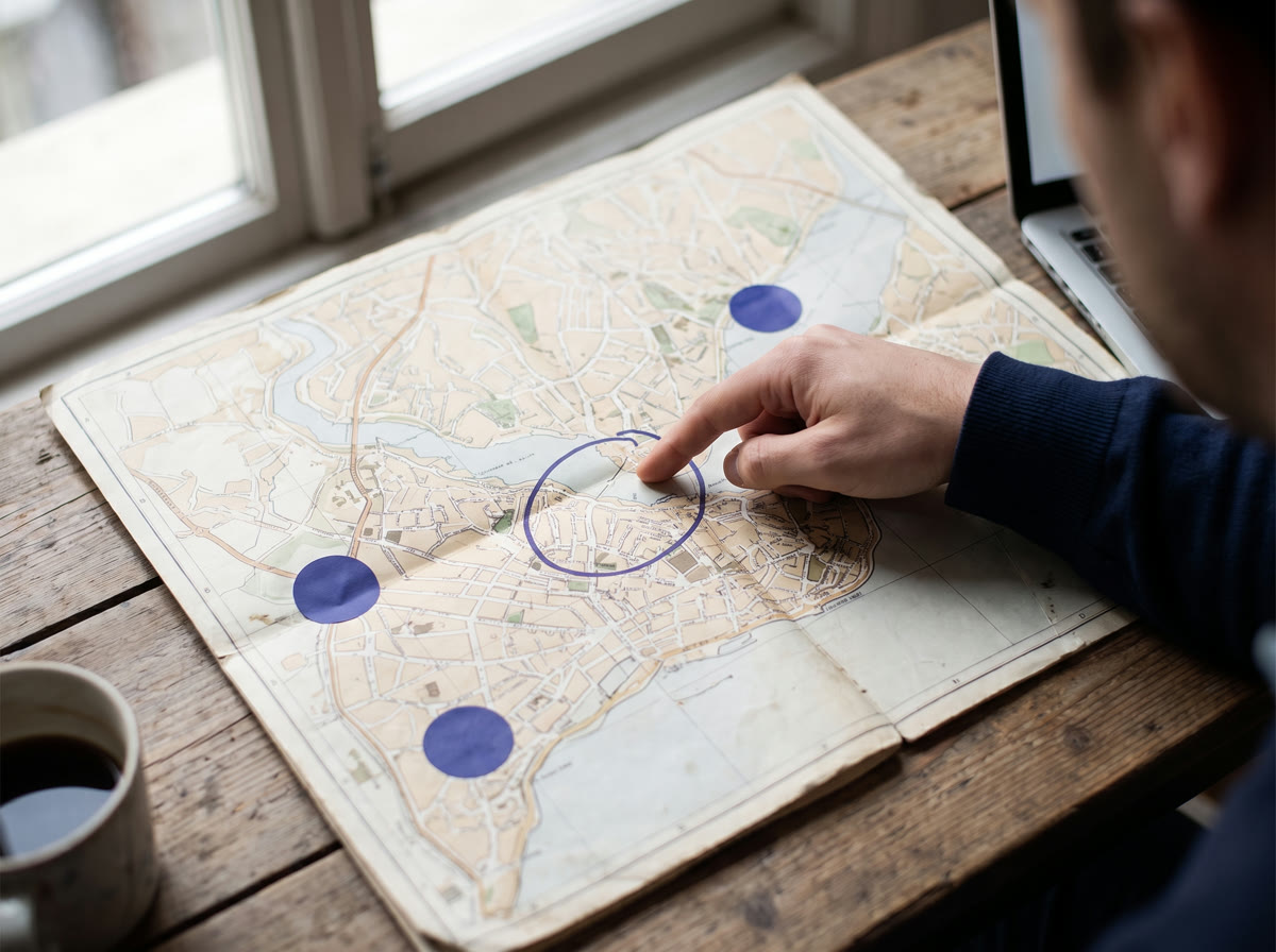 Hand marking a neighbourhood on a map